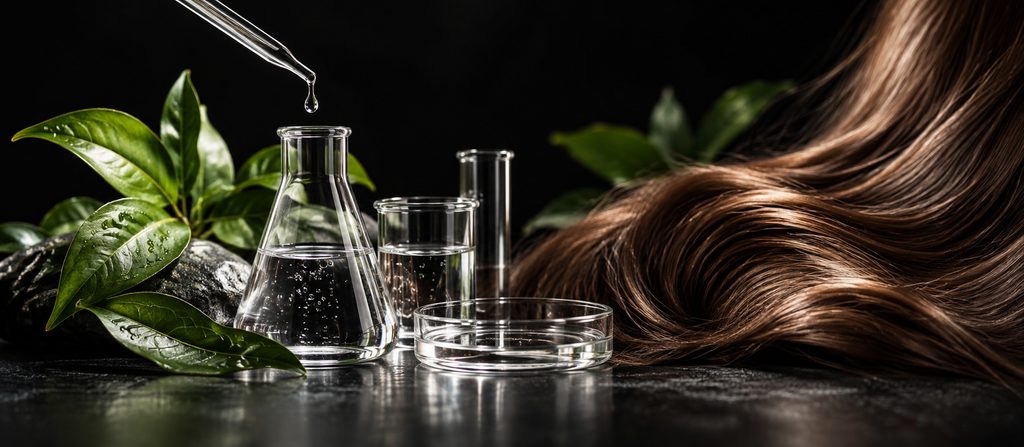 Natural ingredients, laboratory glassware and healthy-looking hair representing Fruicion's research-led approach to hair care