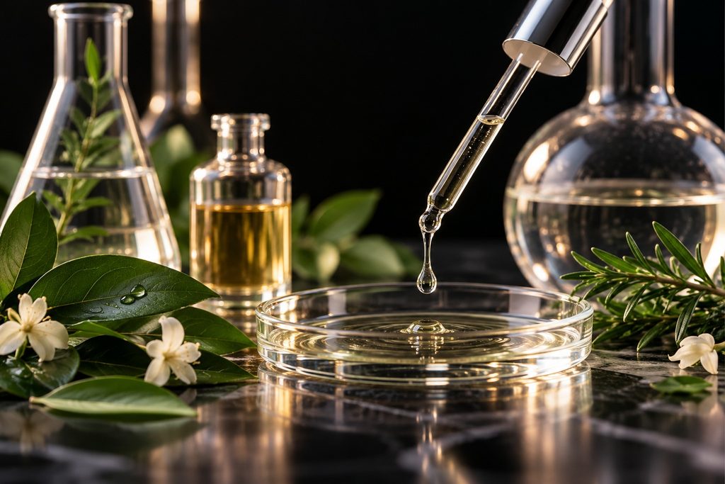 Skincare formulation research with laboratory glassware, serum and botanical ingredients
